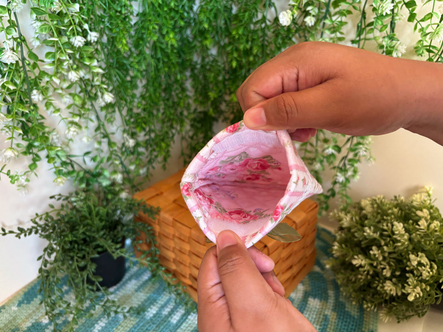 Pink with Green Flower Handmade Mini Pouch