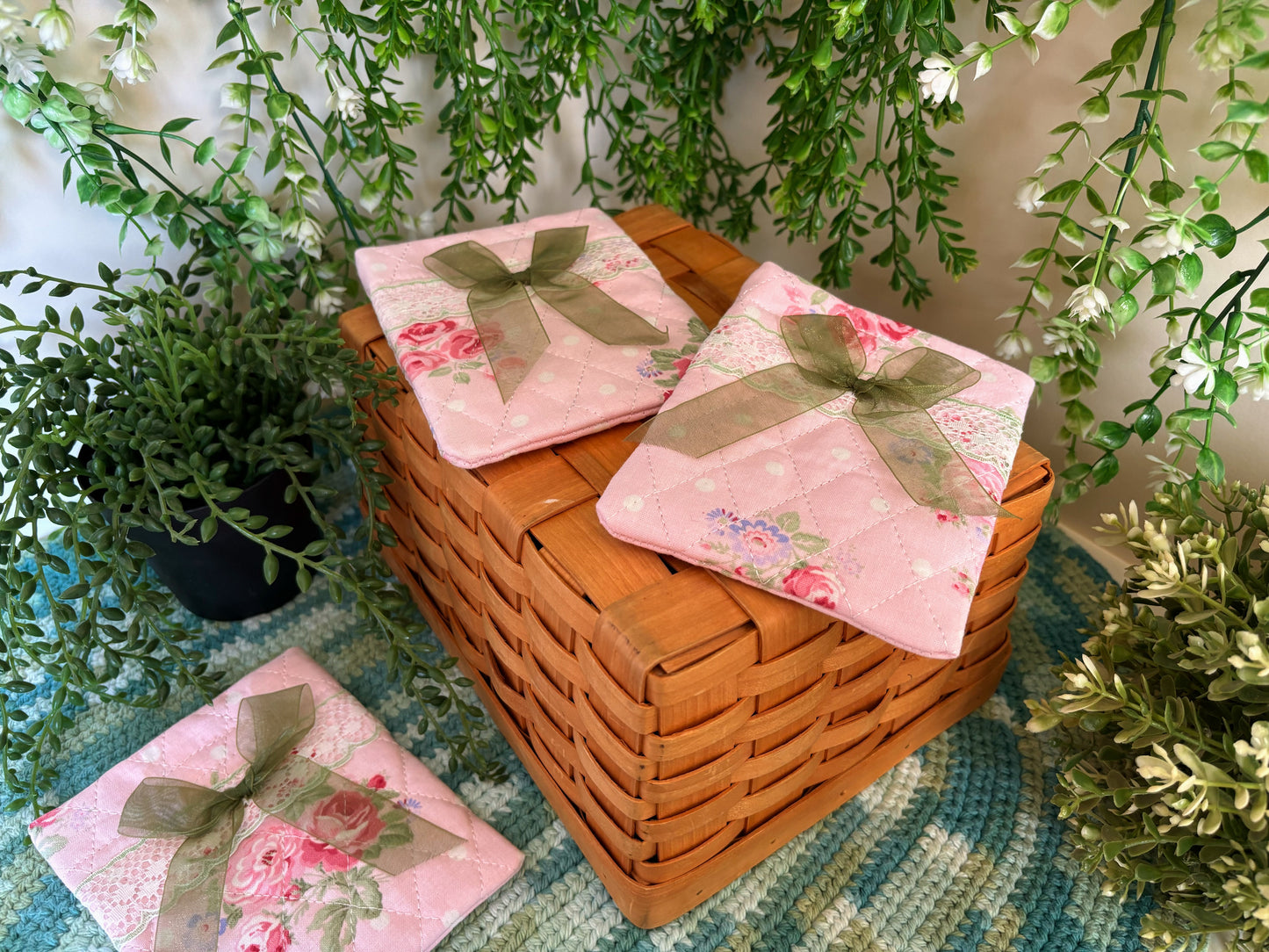 Pink with Green Bow Handmade Mini Pouch