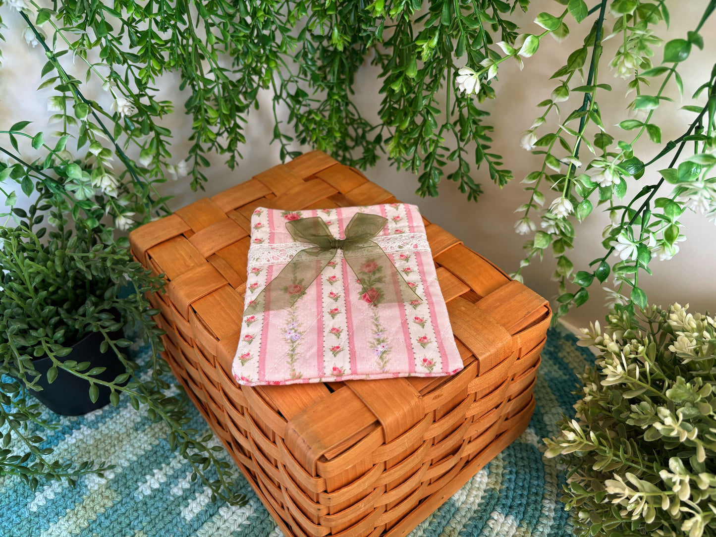 Pink with Green Bow Handmade Mini Pouch