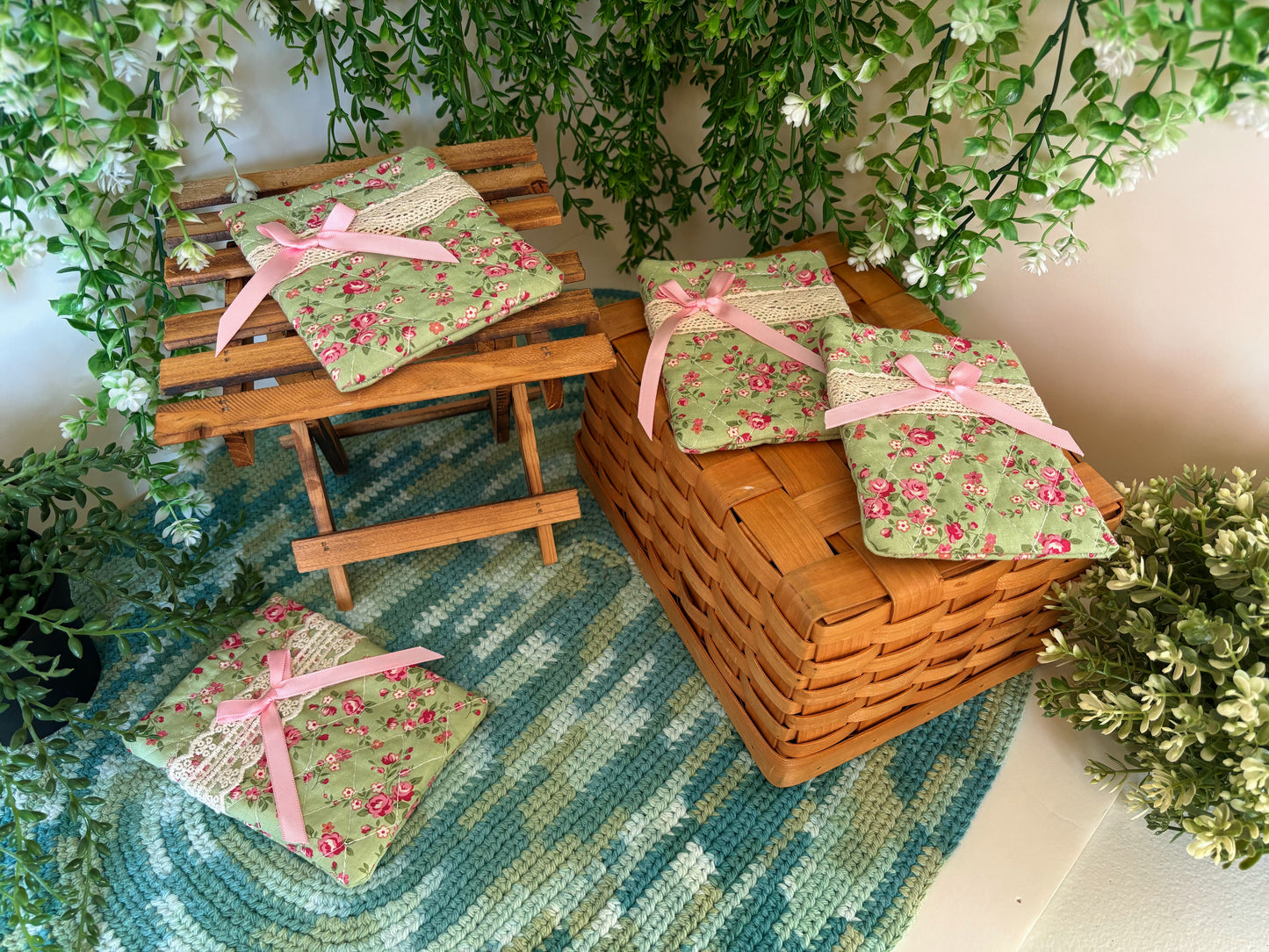 Green with Pink Bow Handmade Mini Pouch