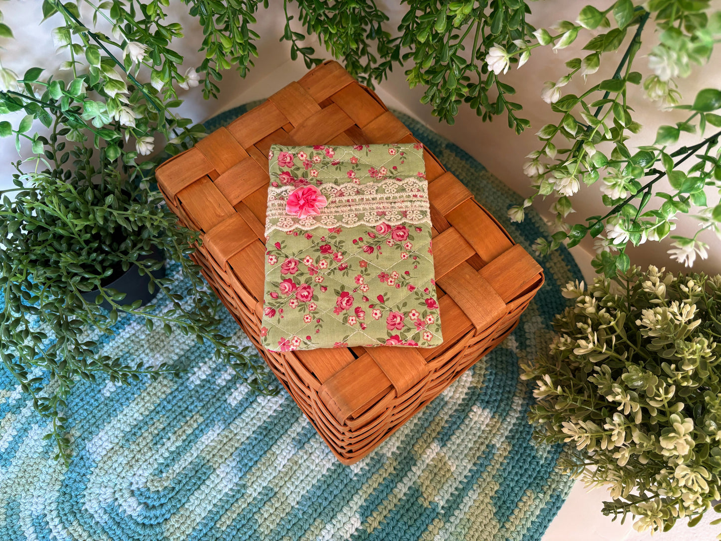 Green with Pink Flower Handmade Mini Pouch