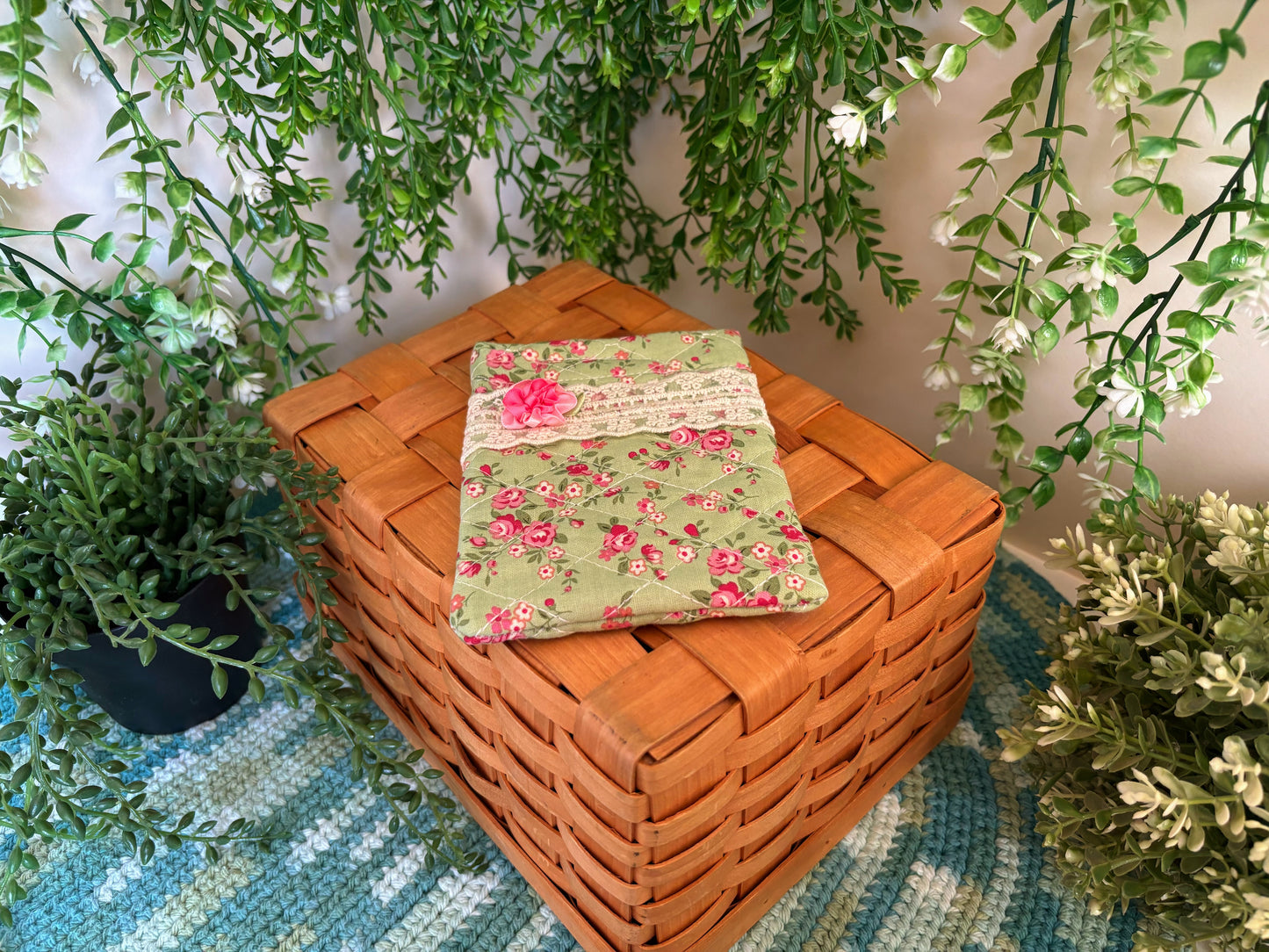 Green with Pink Flower Handmade Mini Pouch