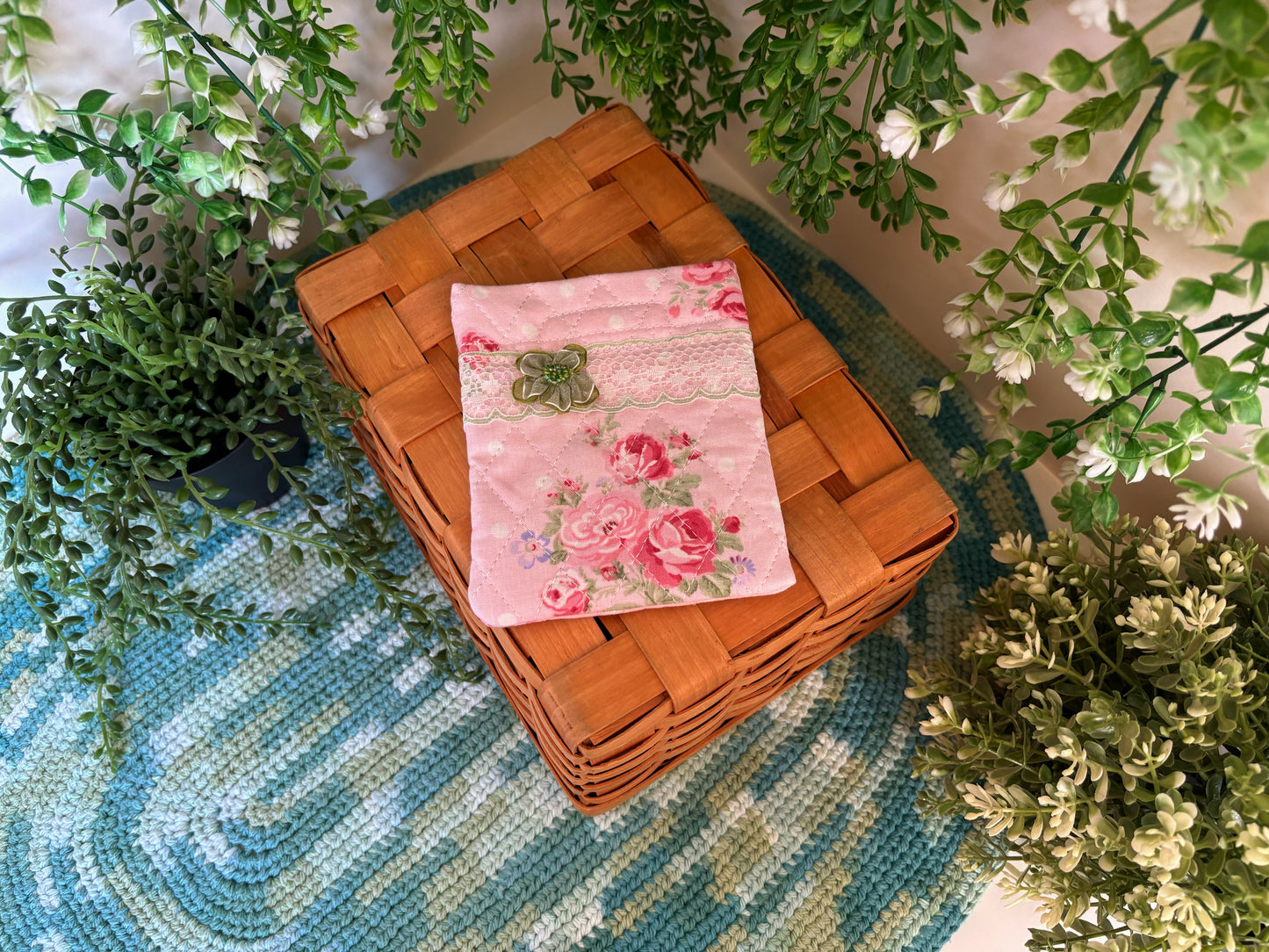 Pink with Green Flower Handmade Mini Pouch