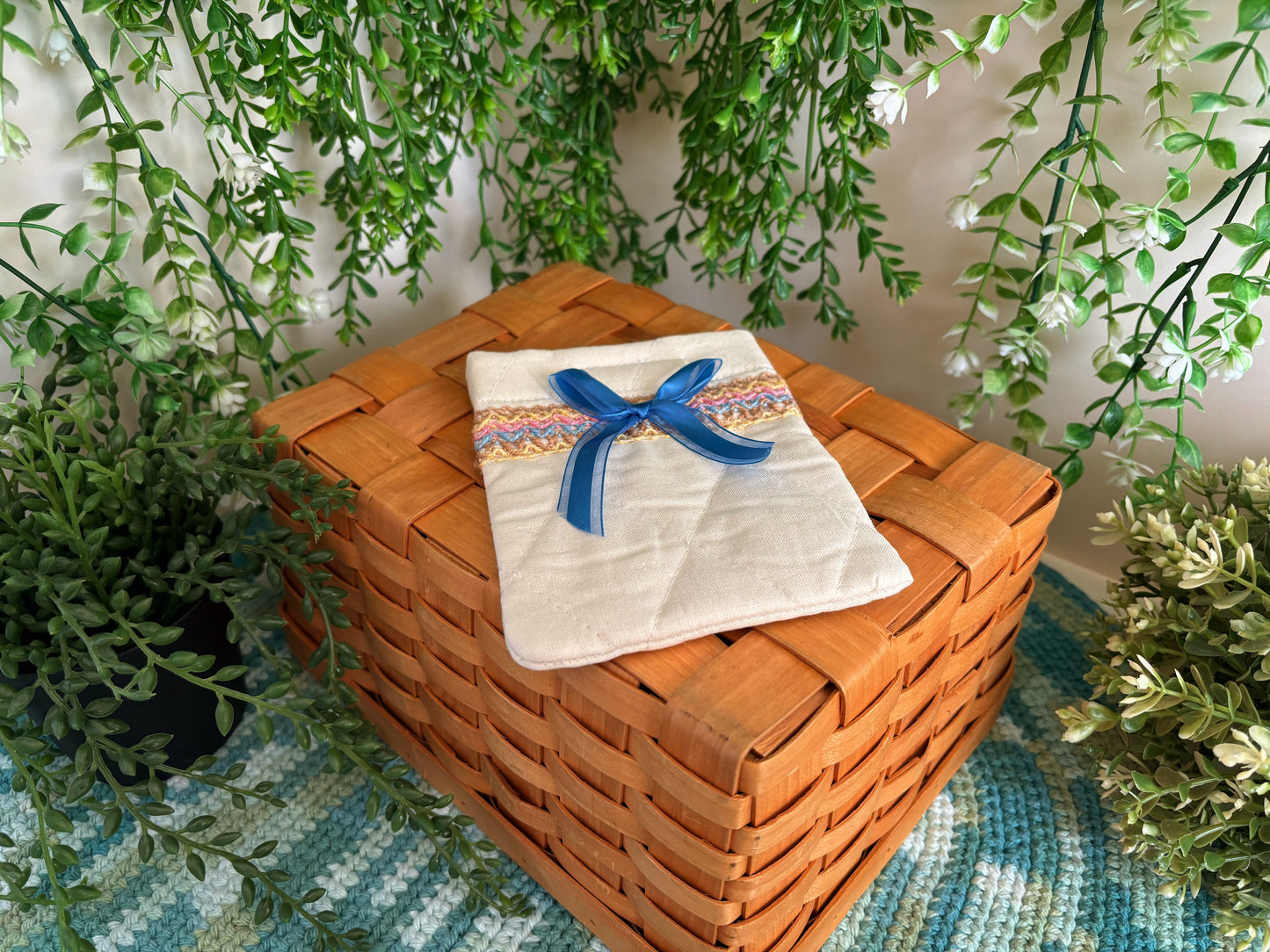 (2) White with Blue Bow Handmade Mini Pouch