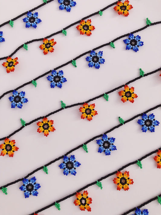 Blue / Orange Flower Beaded Necklaces